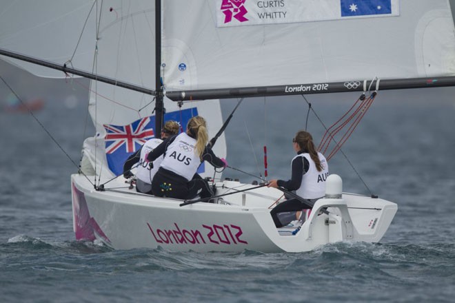 Olivia Price, Nina Curtis and Lucinda Whitty (AUS) competing in the Women’s Match Racing (Elliott 6M) event in The London 2012 Olympic Sailing Competition. © onEdition http://www.onEdition.com